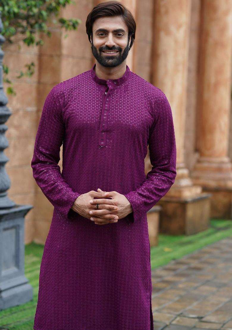 Purple Self Design Viscose Kurta Set For Men - Indya
