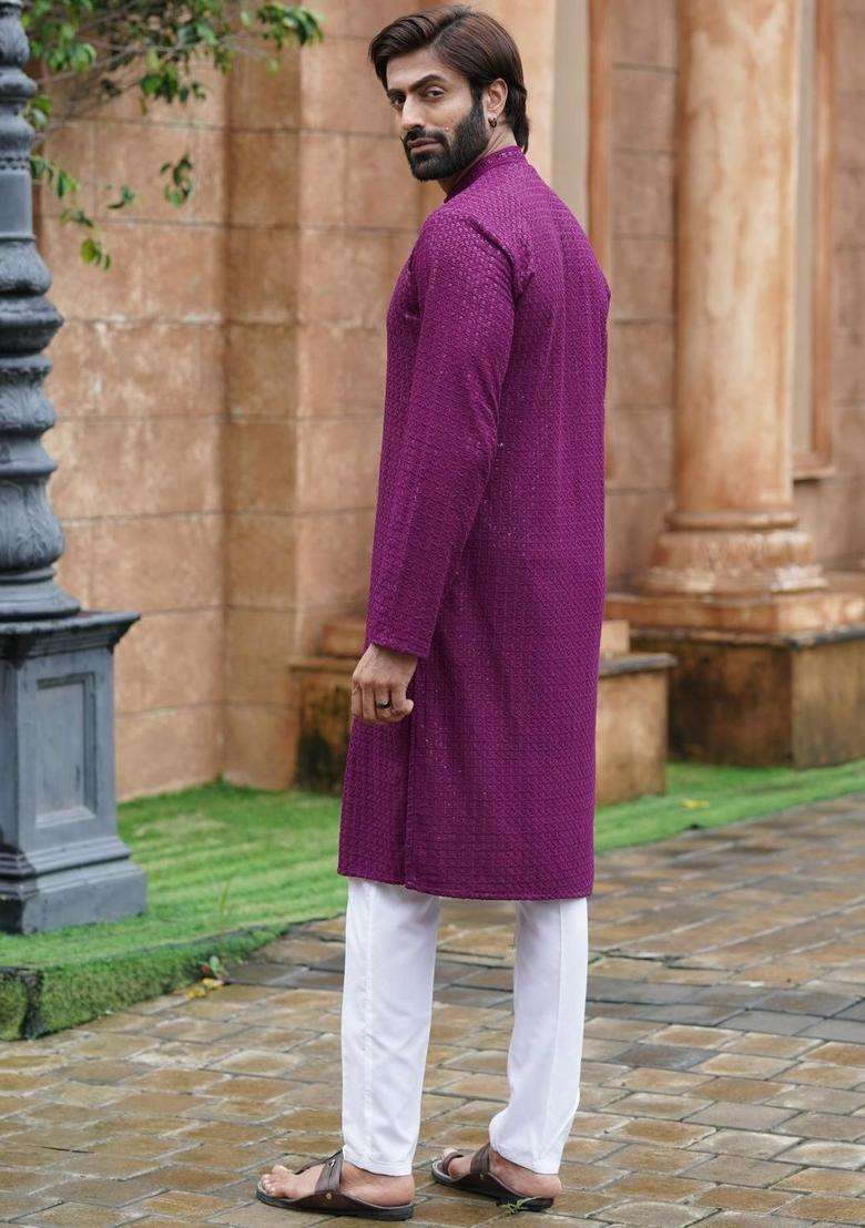 Purple Self Design Viscose Kurta Set For Men - Indya