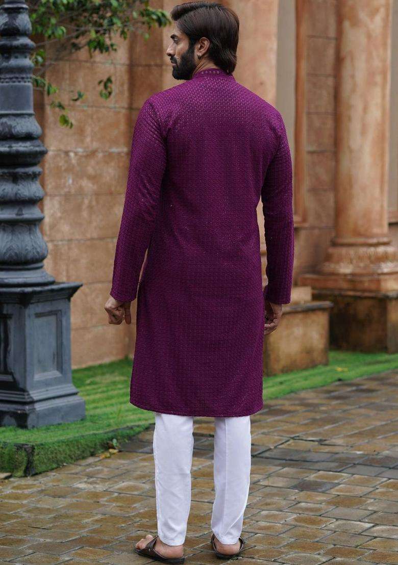 Purple Self Design Viscose Kurta Set For Men - Indya
