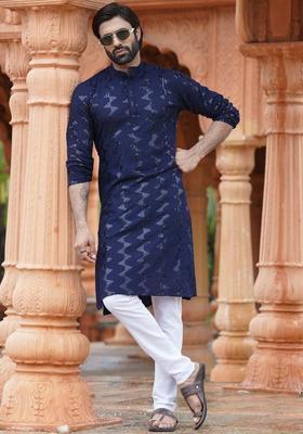 Navy Blue Printed Cotton Kurta Set For Men