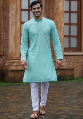 Blue Self Design Cotton Kurta Set For Men