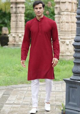 Maroon Embroidered Cotton Kurta Set For Men