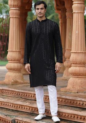 Black Woven Design Cotton Kurta Set For Men