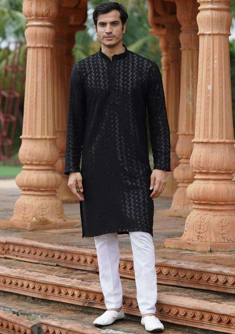 Black Woven Design Cotton Kurta Set For Men - Indya