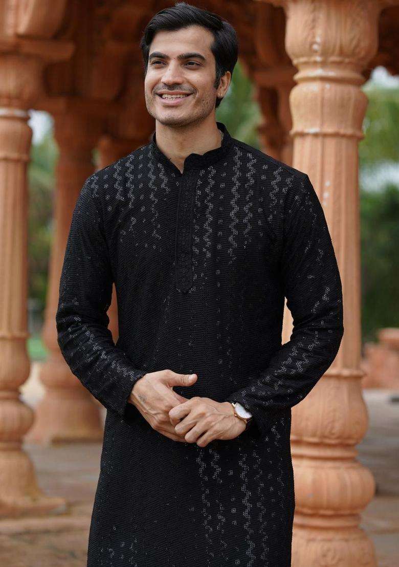 Black Woven Design Cotton Kurta Set For Men - Indya