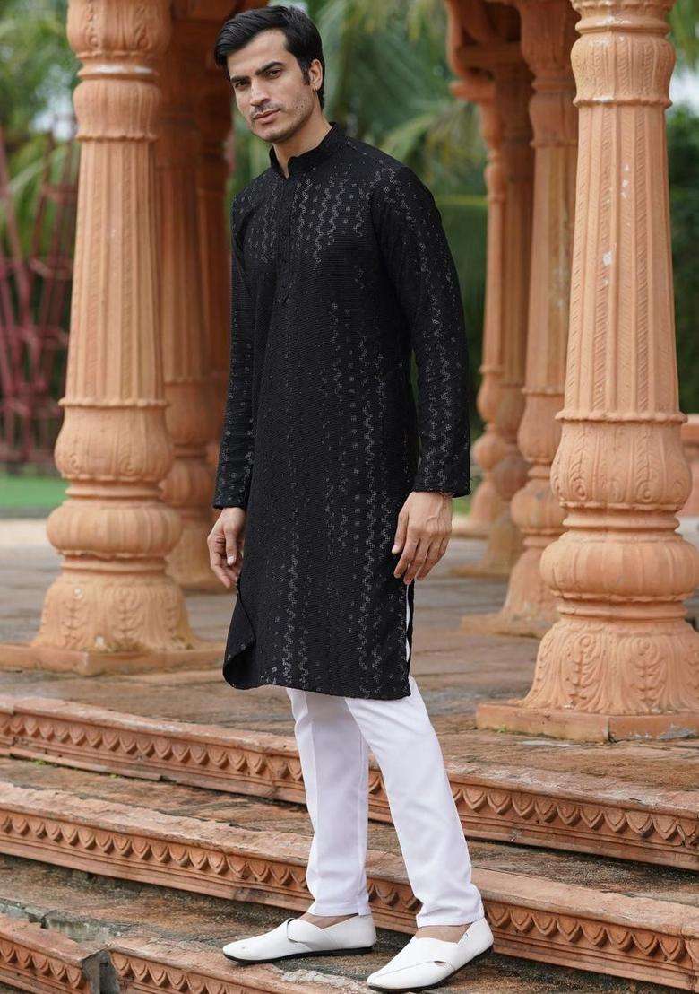 Black Woven Design Cotton Kurta Set For Men - Indya