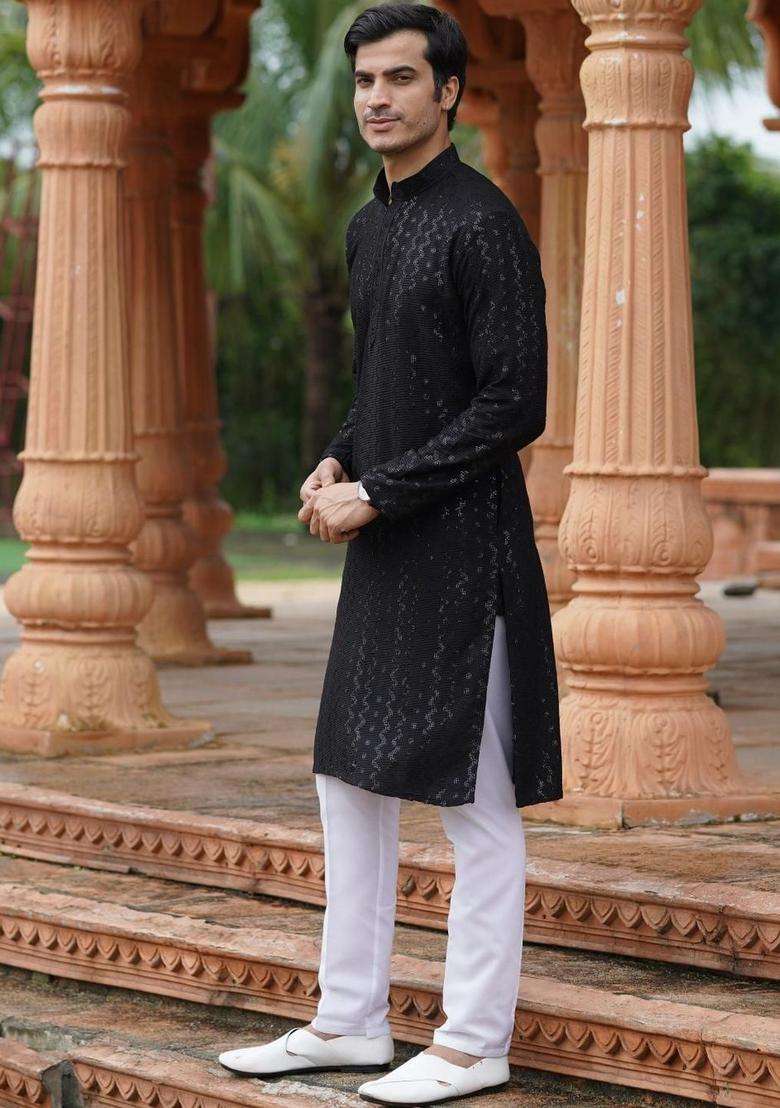 Black Woven Design Cotton Kurta Set For Men - Indya
