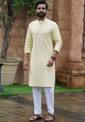 Yellow Embroidered Cotton Kurta Set For Men