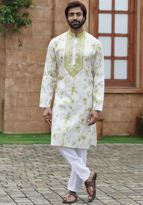 White Embroidered Cotton Kurta Set For Men