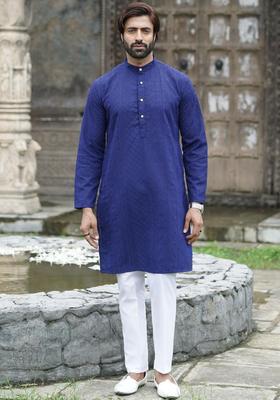 Navy Blue Embroidered Georgette Kurta Set For Men
