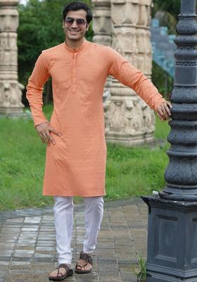 Peach Embroidered Cotton Kurta Set For Men