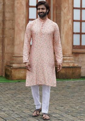 Peach Embroidered Cotton Kurta Set For Men