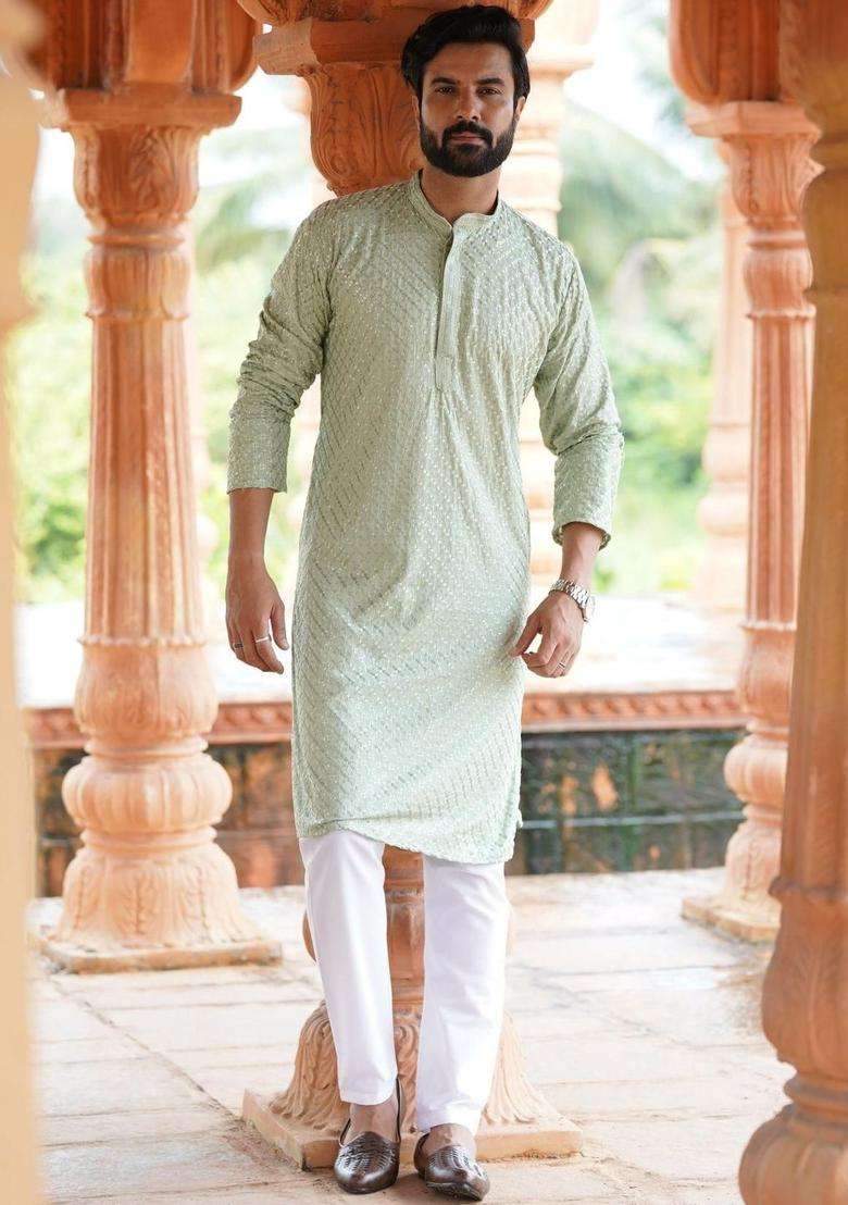 Green Embroidered Viscose Kurta Set For Men - Indya