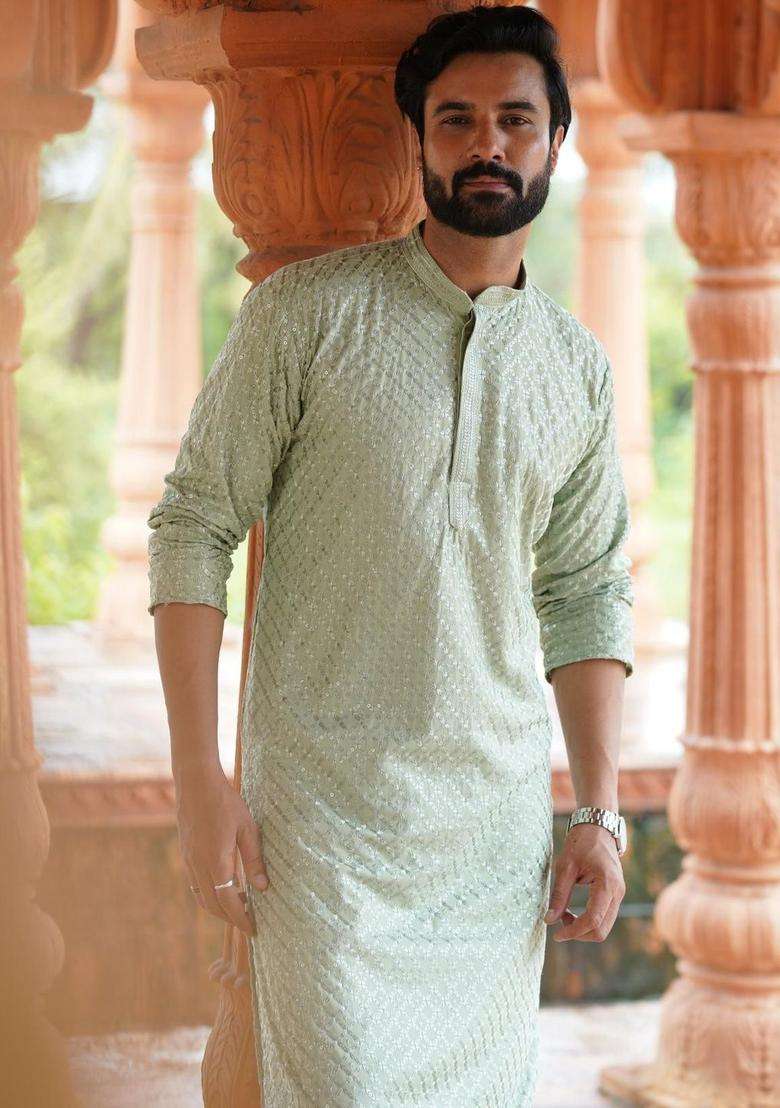 Green Embroidered Viscose Kurta Set For Men - Indya