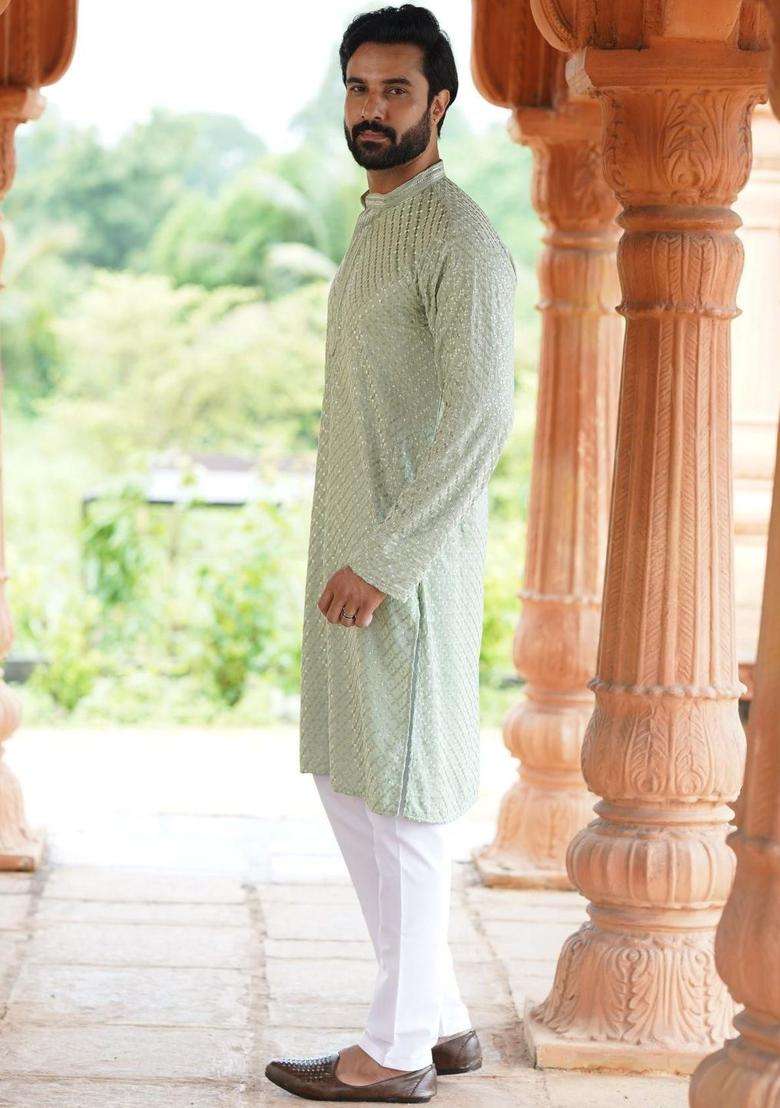 Green Embroidered Viscose Kurta Set For Men - Indya
