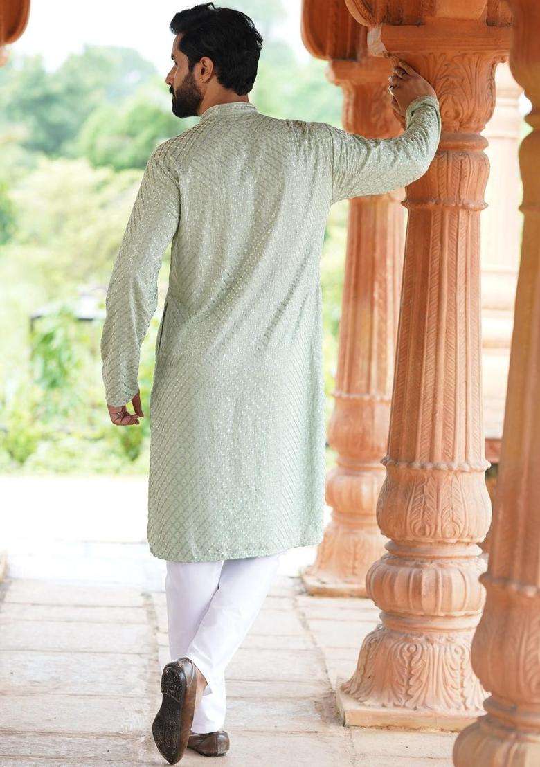 Green Embroidered Viscose Kurta Set For Men - Indya