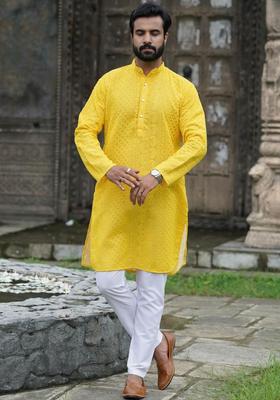 Yellow Embroidered Silk Kurta Set For Men