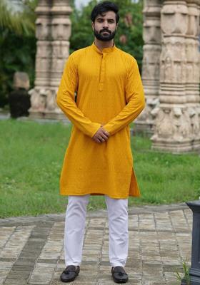 Yellow Embroidered Cotton Kurta Set For Men