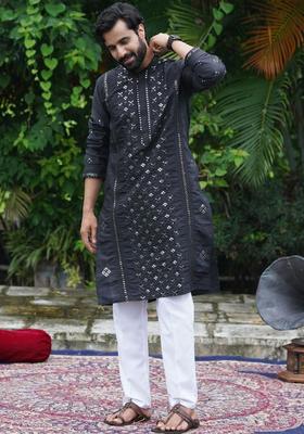 Black Embroidered Cotton Kurta Set For Men