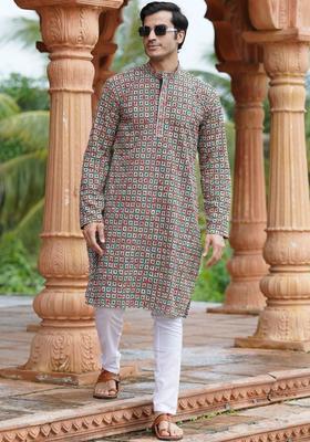 Green Embroidered Silk Kurta Set For Men