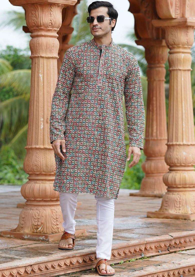 Green Embroidered Silk Blend Kurta Set For Men - Indya