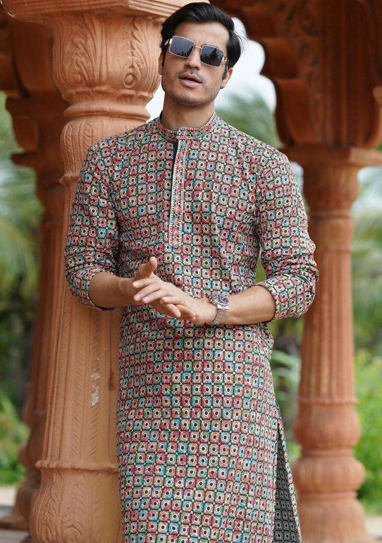 Green Embroidered Silk Blend Kurta Set For Men - Indya