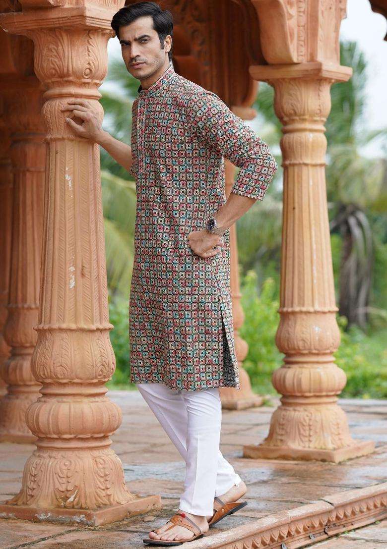 Green Embroidered Silk Blend Kurta Set For Men - Indya