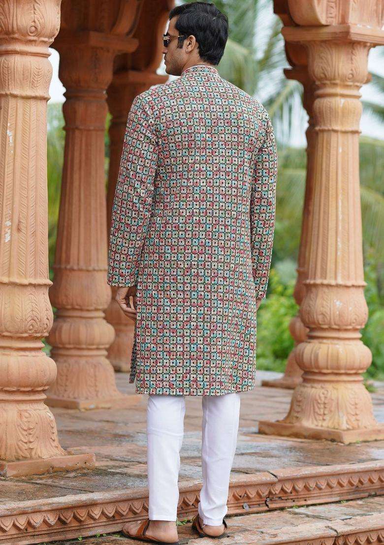 Green Embroidered Silk Blend Kurta Set For Men - Indya