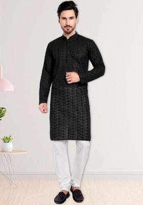 Black Embroidered Cotton Kurta Set For Men