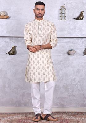 White Embroidered Cotton Kurta Set For Men