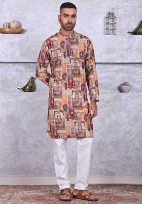 Beige Embroidered Cotton Kurta Set For Men