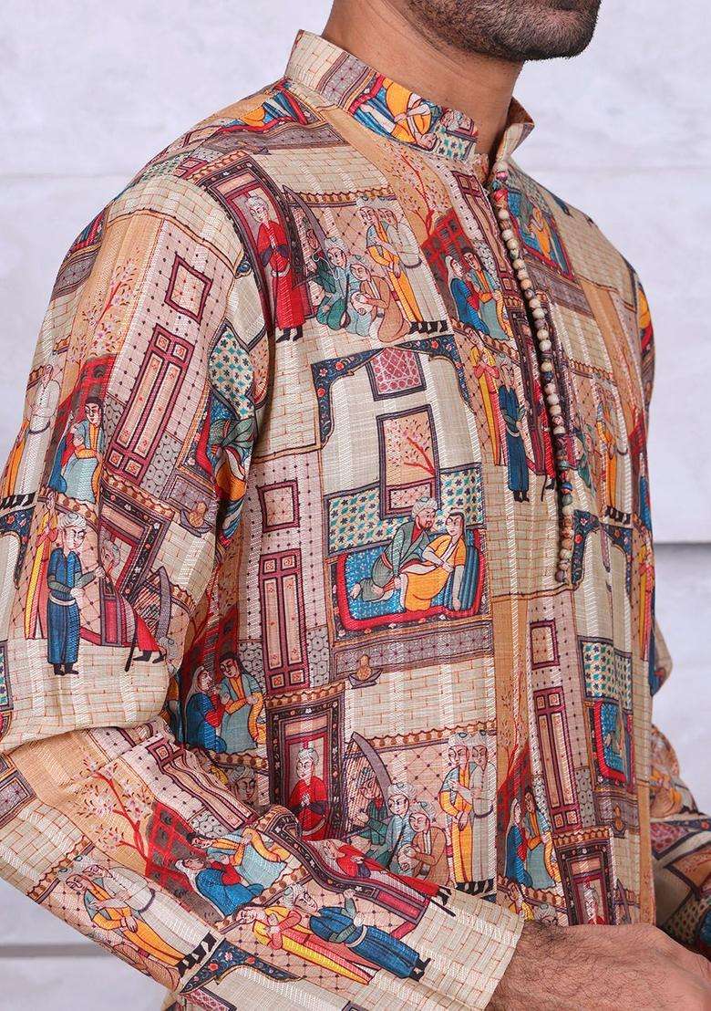 Beige Embroidered Cotton Kurta Set For Men - Indya
