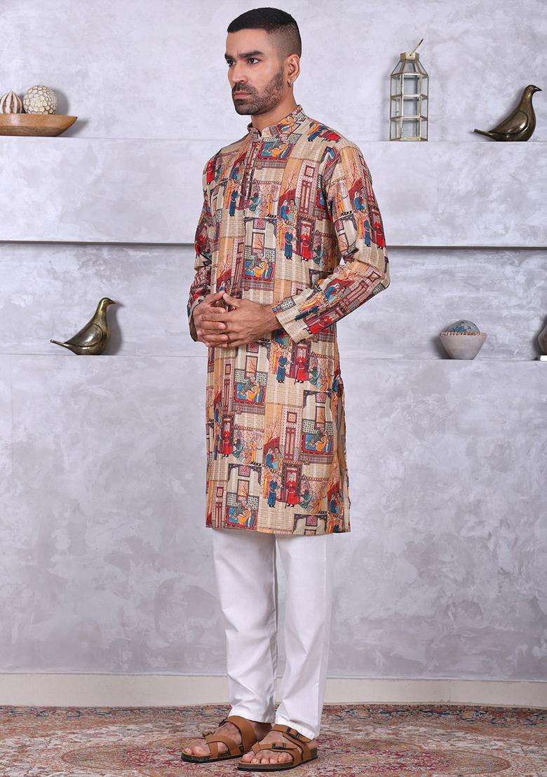 Beige Embroidered Cotton Kurta Set For Men - Indya