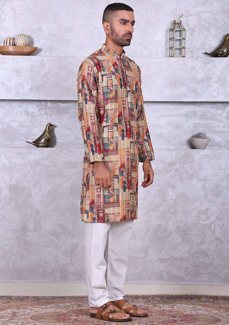 Beige Embroidered Cotton Kurta Set For Men - Indya
