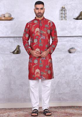 Maroon Printed Cotton Kurta Set For Men