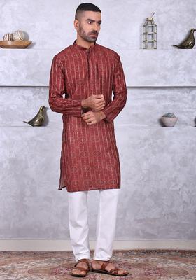 Maroon Printed Cotton Kurta Set For Men
