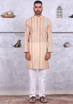 Yellow Embroidered Cotton Kurta Set For Men