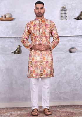Yellow Embroidered Cotton Kurta Set For Men