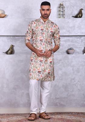 Cream Printed Silk Blend Kurta Set For Men