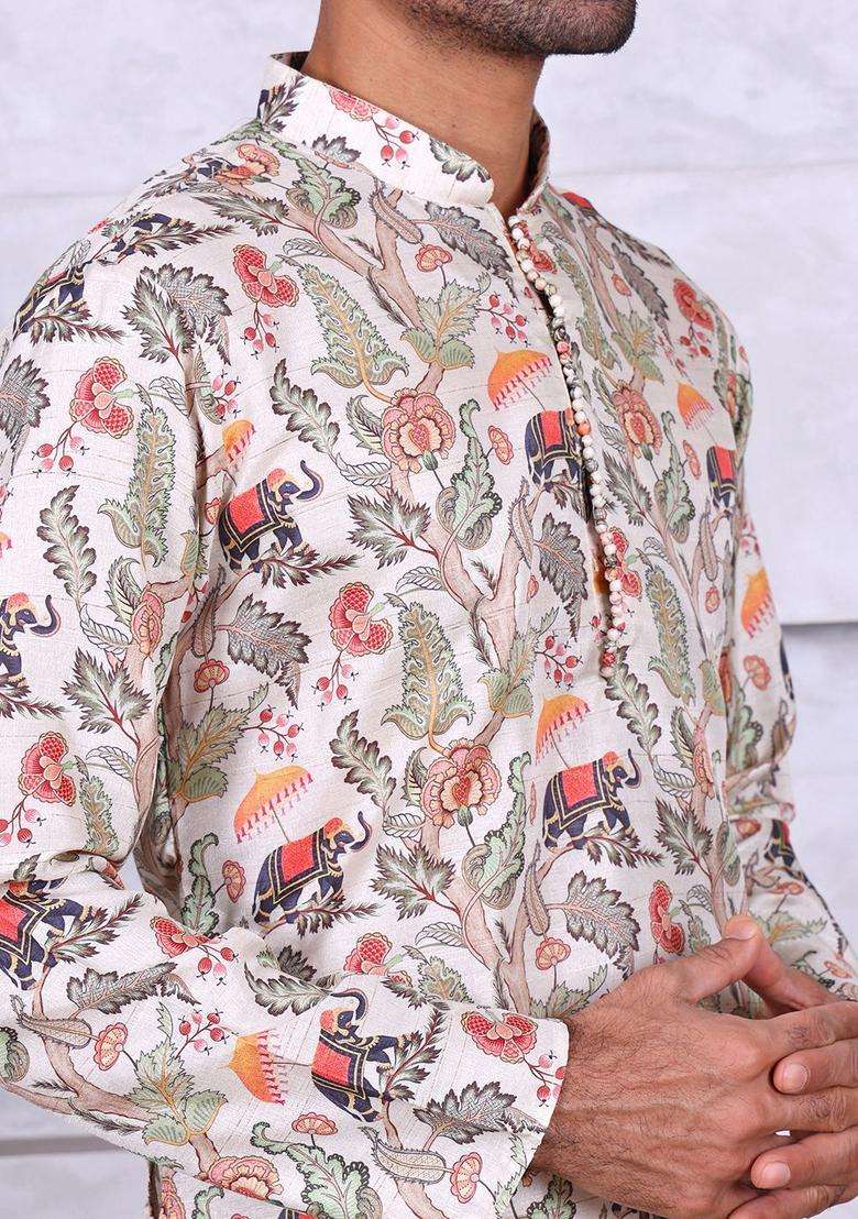 Cream Printed Silk Blend Kurta Set For Men - Indya