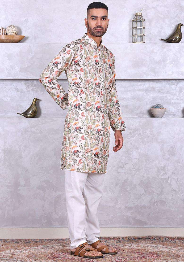 Cream Printed Silk Blend Kurta Set For Men - Indya