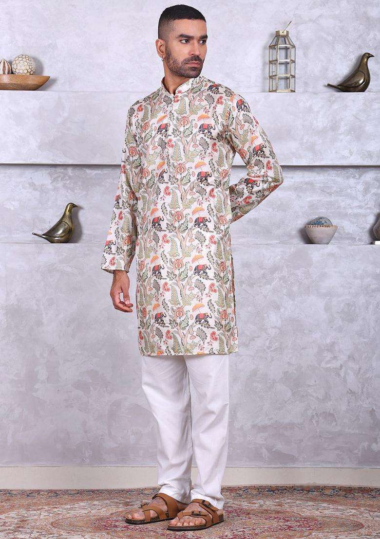 Cream Printed Silk Blend Kurta Set For Men - Indya