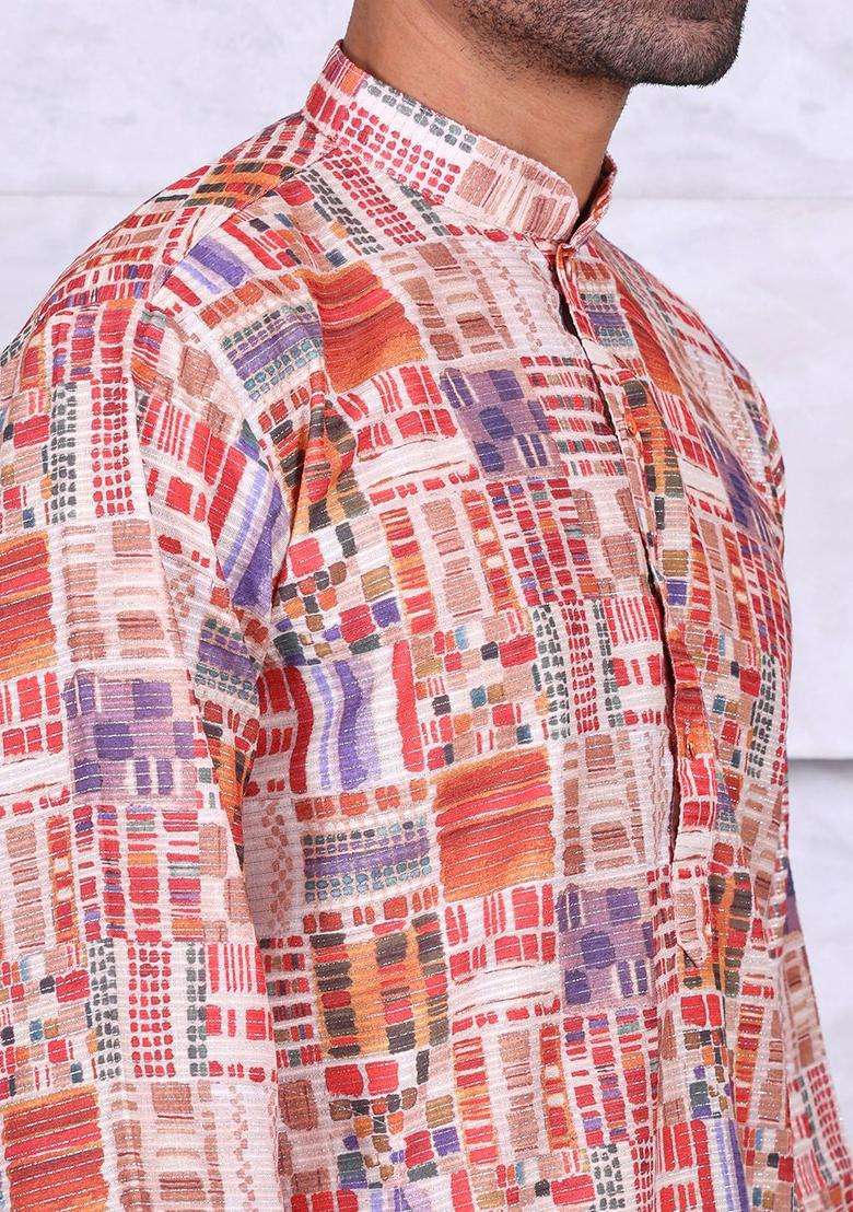 Multi Printed Cotton Kurta Set For Men - Indya