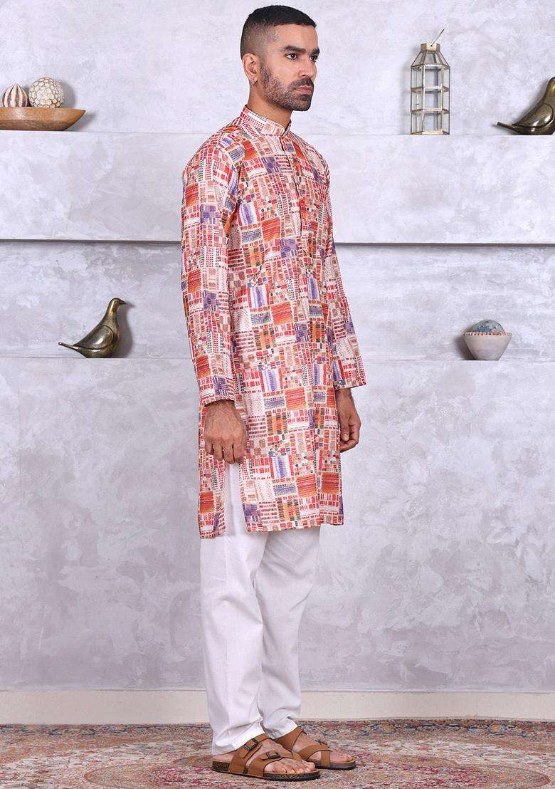 Multi Printed Cotton Kurta Set For Men - Indya