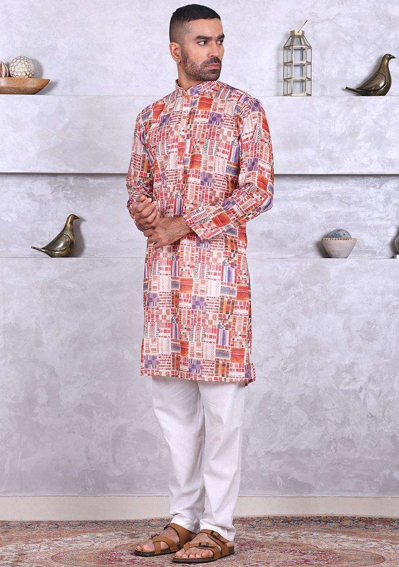 Multi Printed Cotton Kurta Set For Men - Indya
