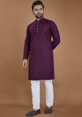 Purple Embroidered Viscose Kurta Set For Men