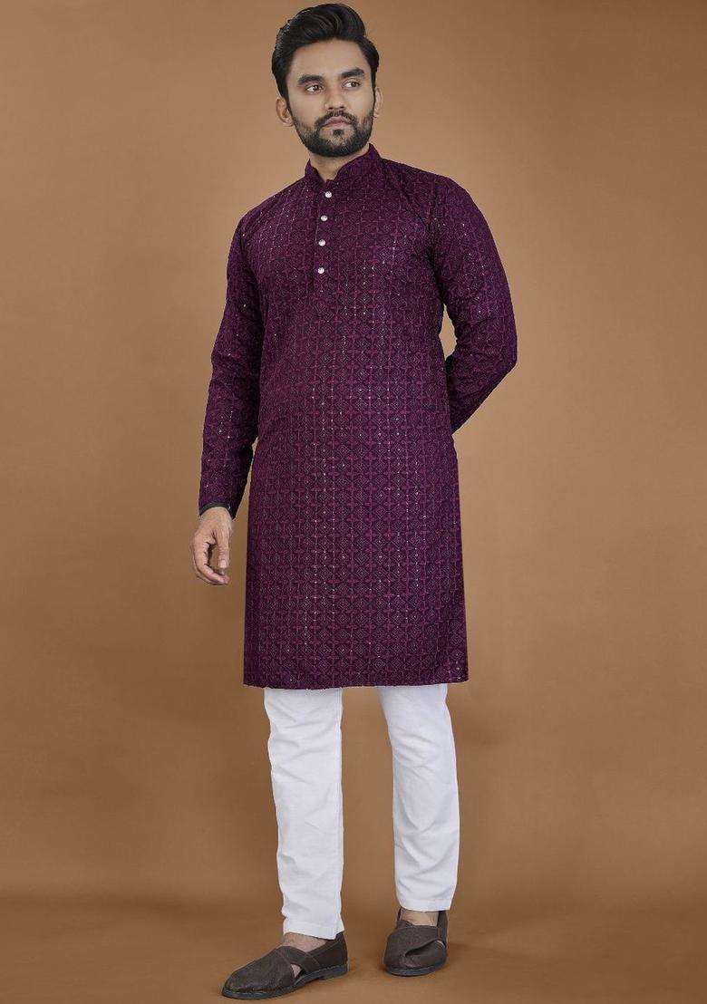 Purple Embroidered Viscose Kurta Set For Men - Indya