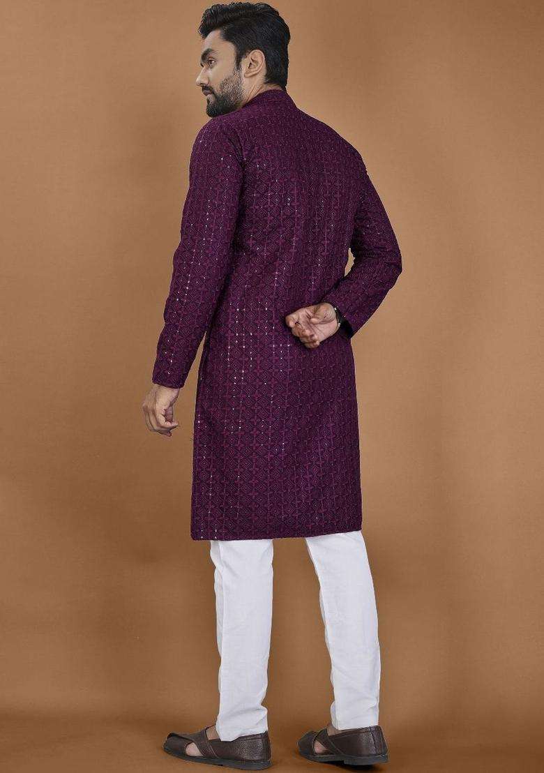 Purple Embroidered Viscose Kurta Set For Men - Indya