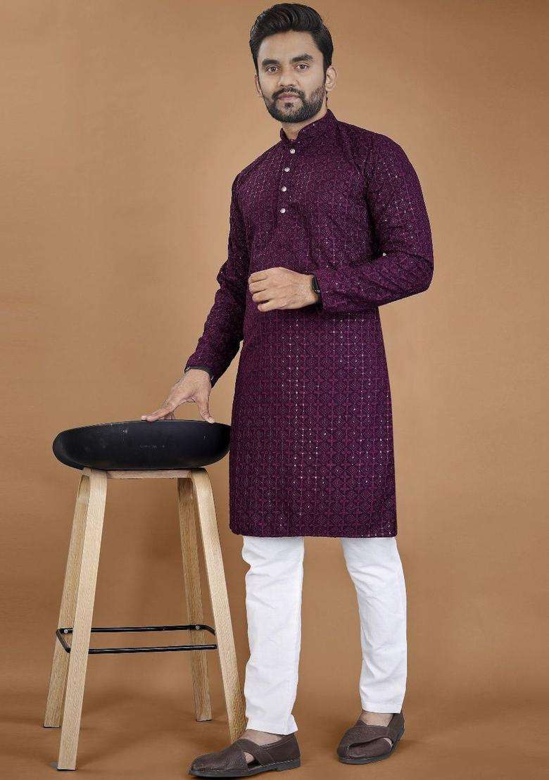 Purple Embroidered Viscose Kurta Set For Men - Indya