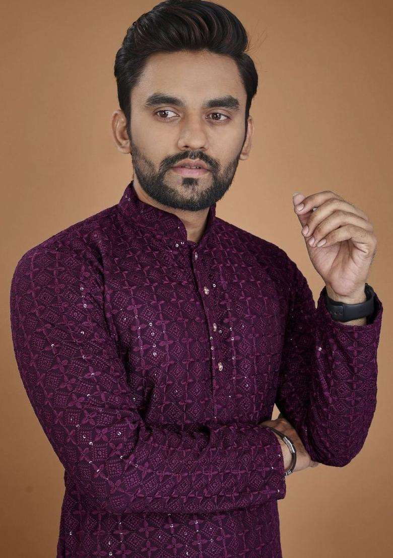 Purple Embroidered Viscose Kurta Set For Men - Indya